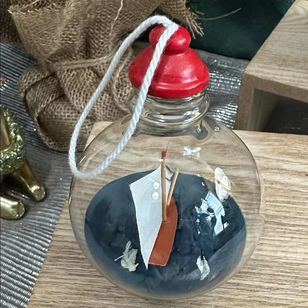 Crate & Barrel Ship-In-A-Bottle Glass Christmas Ornament Nautical